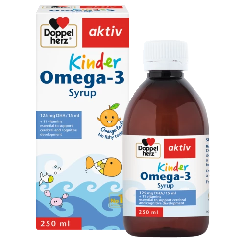 Illustration of the product packaging Doppelherz aktiv Kinder Omega-3 Syrup front view